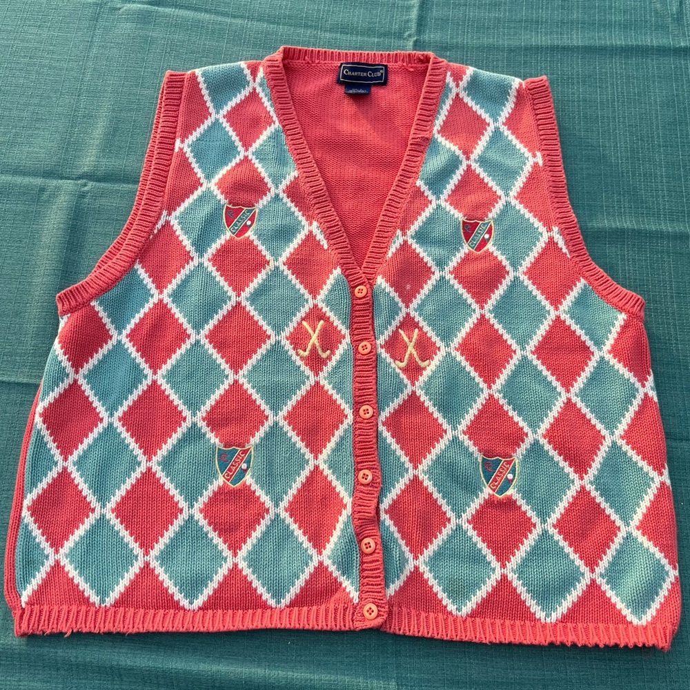 Charter Club Vintage Button Up Golf Sweater Vest Womens Large Cotton Argyle